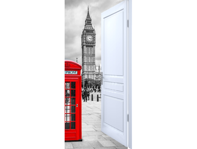 Sticker Porte Effet Ouvert Cabine Téléphone Big Ben Londres - Stickers Porte